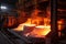 aluminium smelting process, with molten metal flowing from furnace