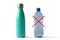 Aluminium Stainless thermo bottle and plastic water bottle with x mark on white background - Concept of ecology and stop plastic