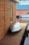 An aluminum boat on the patio.