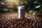 Aluminum can with coffee beans on the background of green leaves. Generative Ai.