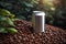 Aluminum can and coffee beans on a natural background, Energy drink concept. Generative Ai.