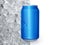 Aluminum can with water droplets on ice cubes background. concept refreshing drink cool down