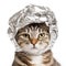 Aluminum Foil Hat on Cat, Aluminium Paper Helmet, Conspiracy Comic Cat, Tinfoil Cap