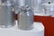 Aluminum food metal new clean dishes for the farm. Industrial large barrel can, vessel for storing and transporting milk and