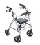 Aluminum rollator for elderly and recovering people, isolated on a white background.