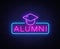 Alumni Neon Sign Vector. Graduation neon symbol, design template, modern trend design, night neon signboard, night