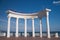 Alushta resort, rotunda with russian flags. Crimea