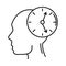 Alzheimer disease, person in profile, clock time confusion, decreased human mental capacity line style icon