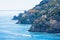 Amalfi coast with coloured terrace houses on hills leading down to sea located between Amalfi and Atrani in Campania, Italy