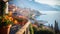 Amalfi coast look-like landscape, Italian town on the sea, terraced houses decorated with flowers. Mediterranean travel concept