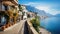 Amalfi coast look-like landscape, Italian town on the sea, terraced houses decorated with flowers. Mediterranean travel concept