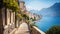 Amalfi coast look-like landscape, Italian town on the sea, terraced houses decorated with flowers. Mediterranean travel concept