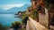 Amalfi coast look-like landscape, Italian town on the sea, terraced houses decorated with flowers. Mediterranean travel concept