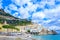 Amalfi town on coast in Italy, by Mediterranean & x28;Tyrrhenian& x29; Sea