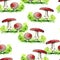 Amanita. Botanical seamless pattern with red mushrooms and yellow fluffy chickens, hats, grass and dandelions. Chickens