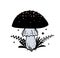 Amanita, magic black mushroom with plant branches, boho hand drawn illustration, magic witch tattoo. Vector doodle illustration