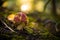 Amanita muscaria. Red spotted mushroom fungi. Fly agaric. Beautiful nature landscape. Green moss, blurred background.