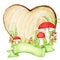 Amanita muscaria watercolor wooden signboard heart frame with ribbon banner, Fly agaric mushroom with grass, wood