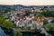 Amarante drone aerial view with beautiful church and bridge in Portugal at sunrise