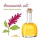 Amaranth oil in glass bottle. Branch of blossoming amaranth and heap of seeds