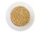 Amaranth superfood grain yellow and black grains in a white plastic bowl on a white background isolated.