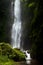 Amasing tropical high waterfall in wild green forest with powerful stream of water in sunbeam with water splaches and lush foliage