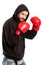 Amateur boxer wearing a hoodie and gloves