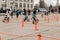 Amateur competition of children to balance bicycle on Lenin Square. A boy on balance bicycle