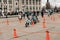 Amateur competition of children to balance bicycle on Lenin Square. A boys and girls on balance bicycle