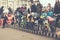 Amateur competition of children to balance bicycle on Lenin Square. Children are at the start.