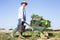 Amateur grower carrying wheelbarrow with gathered green chard
