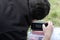 An Amateur radio operator sets up a receiver in the suburbs