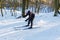 Amateur skier moves down the hill