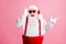 Amazed beard fat santa claus enjoy x-mas newyear christmas discount ads point finger touch sunglass wear style stylish