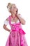 Amazed beautiful isolated bavarian woman wearing pink traditional dress.