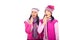 Amazed girls in pink woolen clothes