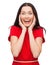 Amazed laughing young woman in red dress