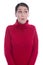 Amazed looking young woman in red pullover - isolated over white