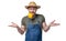 amazed man in apron and hat bite sweet pepper vegetable isolated on white