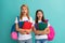 amazed school pupil and student holding copybooks and backpack, amazement