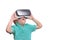 Amazed teen boy wearing virtual reality goggles watching movies
