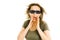 Amazed woman in cinema wearing 3D glasses experiencing 5D cinema effect - scared watching movie - gestures of astonishment