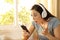 Amazed woman listening music finding offer