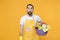 Amazed young man househusband in apron rubber gloves hold basin with detergent bottles washing cleansers doing housework