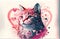 Amazing Abstract artwork of the single cat sitting in the lovely background full of pink hearts. Generative AI