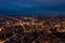 Amazing aerial panoramic night shot of city centre. Illuminated streets of large town. Fernsehturm TV tower, Berlin