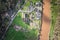 Amazing aerial top down view of Tintern Abbey, River Wye, and the nearby landscape