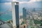 Amazing aerial view of Abu Dhabi skyscrapers along Corniche Road at sunset, UAE