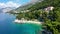 Amazing aerial view of the beautiful Podrace beach in Brela, Makarska Riviera, Croatia. Aerial view of Podrace beach and