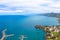 Amazing aerial view of coastal village Cefalu in Sicily, Italy taken with small pier in the Tyrrhenian sea